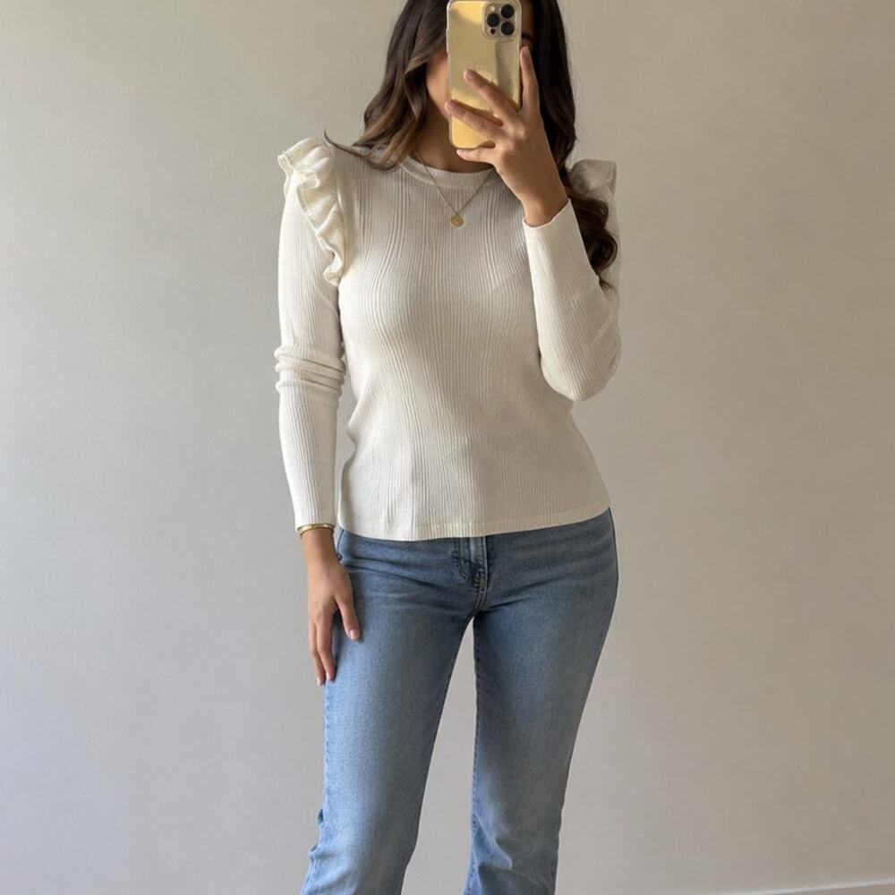 ZARA🌿 Knit Cream Ribbed Ruffle Shoulder Sweater Women’s Size S Long Sleeve Soft